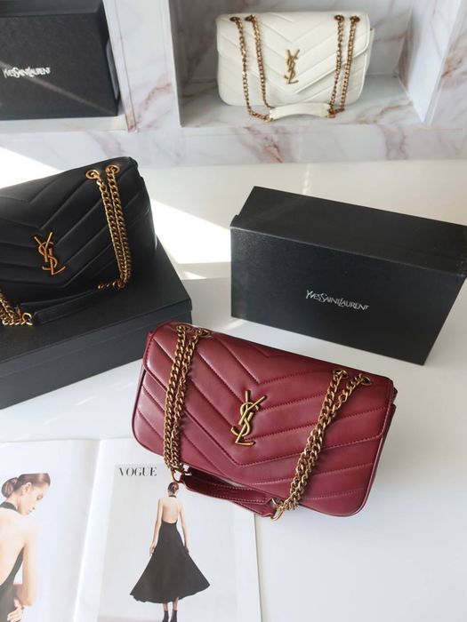 Сумка Yves Saint Laurent Loulou, жіноча шкіряна сумка в чорному, бордовому та білому кольорі, кожаная сумка лоран