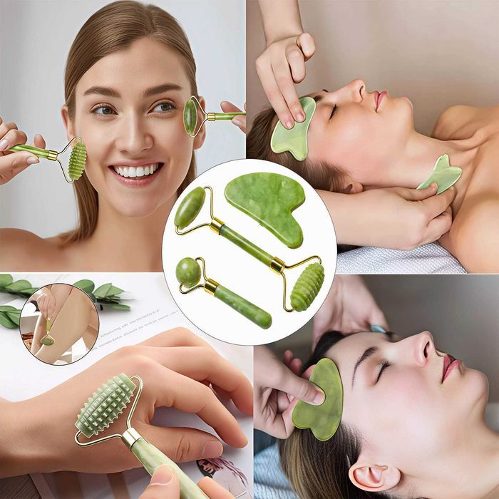 Masażer jadeitowy roller do twarzy szyi pod oczy kamień gua sha 3w1