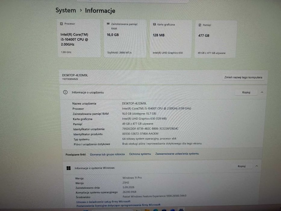 Bardzo ładny komputer Lenovo ThinkCentre m70q mini i5 16GB 512 SSD