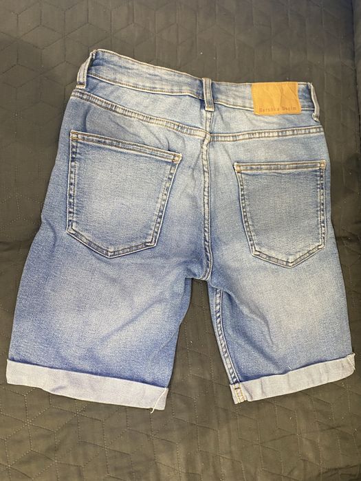 Calções bermuda denim masculinos azul com bainha dobrada – Tamanho 34