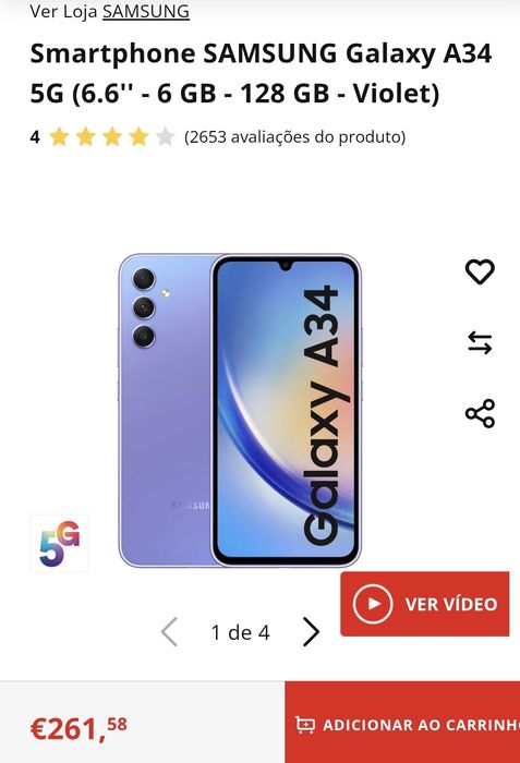 Samsung A34 5G 6GB/128GB Dual Sim Violeta Seminovo C/Garantia