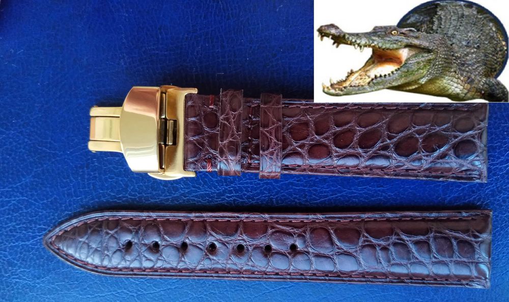 Коричневый ремешок из нат. крокодиловой кожи с золотистой застежкой