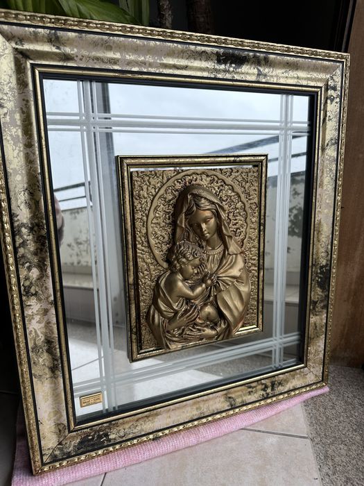 Quadro religioso italiano em relevo - Virgem Maria e Menino
