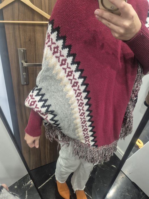 Poncho grube zimowe boho indian czerwone one size