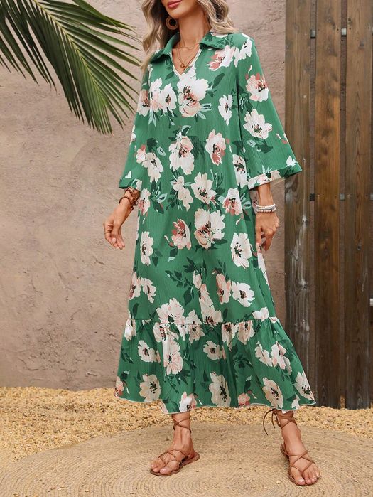Sukienka Letnia Boho W Kwiaty Z Kołnierzykiem Maxi Zielona Shein L