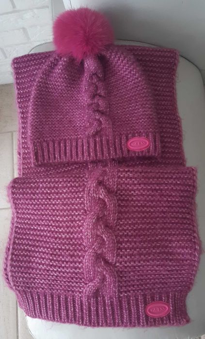 GUESS komplet: czapka beanie i szalik, z wełną -pink-piękny