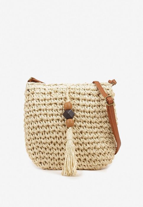 Beżowa Pleciona Torebka z Frędzlami T7