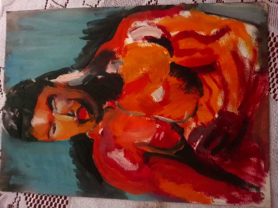 Obraz olejny – kulturysta w czapce, potężna sylwetka, impasto, unikat