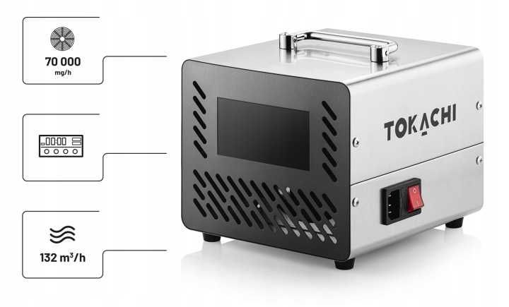 Mocny OZONATOR Profesjonalny Generator Ozonu 70000mg/h Oczyszczacz Powietrza 155W Dotykowy Panel Pilot Higrometr Timer 4 Płytki 70g