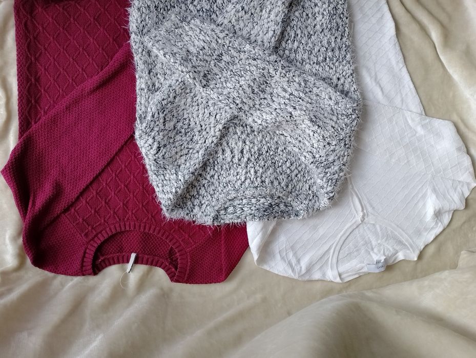 Zestaw sweter dzianina włochaty puchaty na guziki srebrna nić