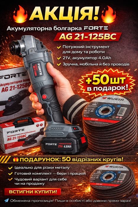 Акция!Болгарка Шлифмашина угловая аккумуляторная AG 21-125BC Forte