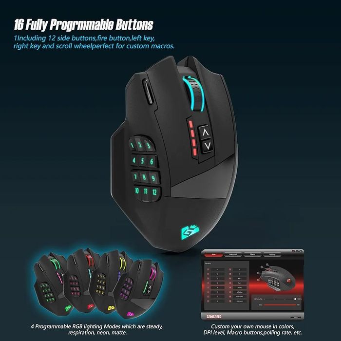 Rato de jogos sem fios sem fios Gamspeed V8 Pro RGB MMO, Sensor óptico
