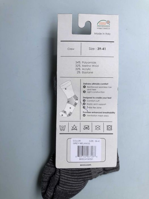 Skarpety ECCO EVERYDAY CREW SOCK r.39-41 Nowe Wełna Merino 42-47 szare