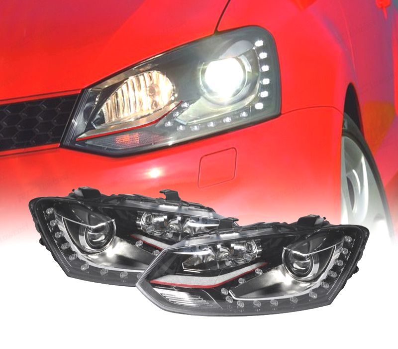 FARÓIS VOLKSWAGEN POLO 6R 6C 09-17 LOOK GTI VERMELHO