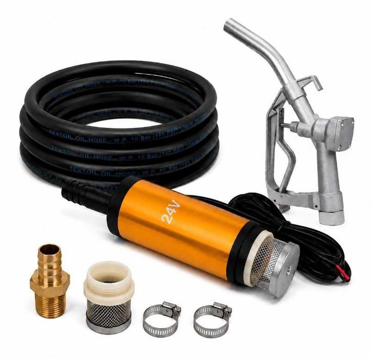 Zestaw do spusczania Ropy Oleju Wody Diesla Diesel POMPKA 12V lub 24V do Wyboru Pistolet + Złączka + Wąż + Opaski Ślimakowę