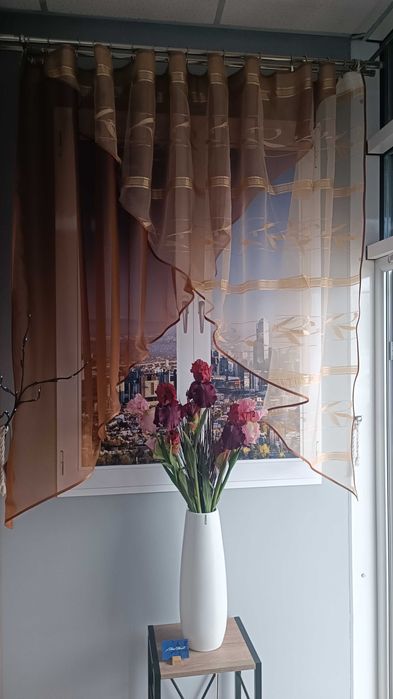 Занавіска штора тюль на кухню два кути квіти смужки