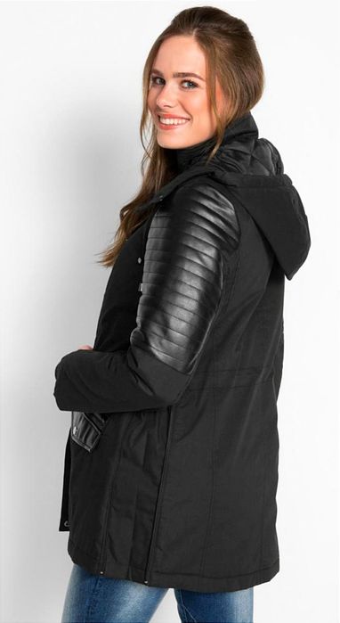 NOWA kurtka/parka r.48- czarna, wstawki ze sztucznej skóry
