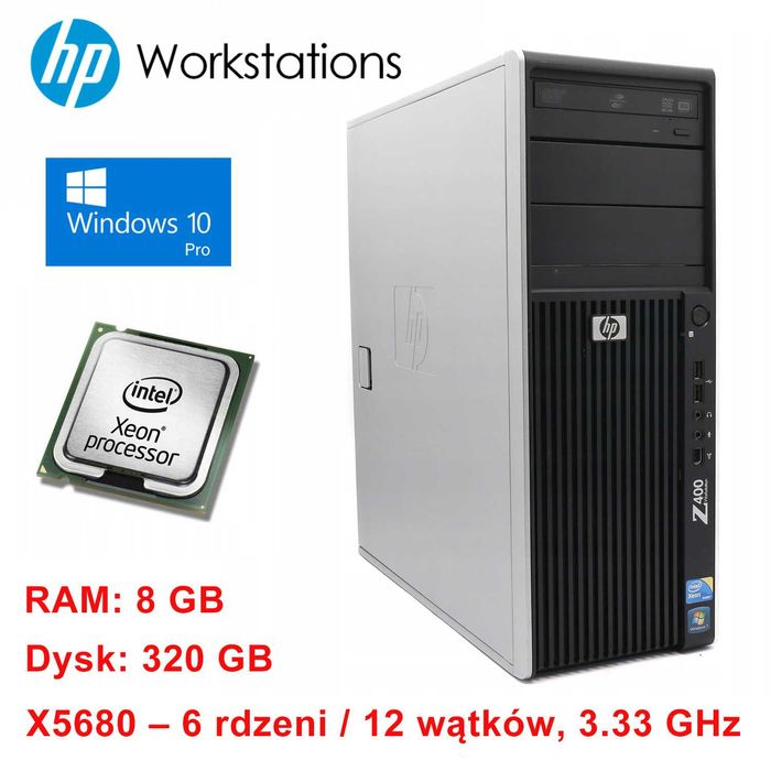 Komputer HP Z400 – Xeon X5680, 6 rdzeni / 12 wątków, 3.33 GHz  8GB RAM, Radeon R7 2GB, Windows 10 Pro