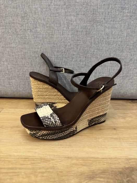 Tory Burch Python Leather Espadrille Wedge Ankle Strap Sandals 37 buty damskie na obcasie