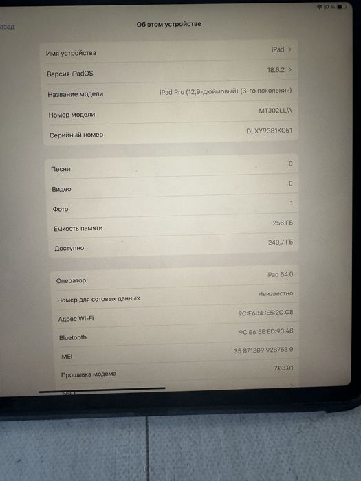 iPad Pro 12.9 Wi‑Fi + LTE  256GB Space Gray (MTJ02) идеальный