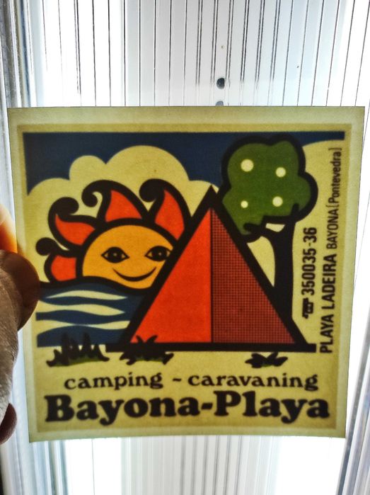 Vintage sticker of Bayona Playa campsite, Playa Ladeira (Spain)