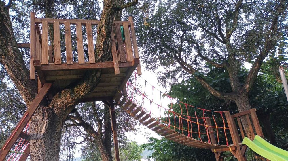 Parque infantil na árvore con tirolesa e ponte suspensa.