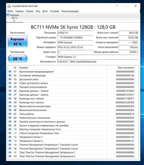 SSD M.2 NVMe SK hynix BC711 128GB PCIe 3.0 x4 (Стан 95%)