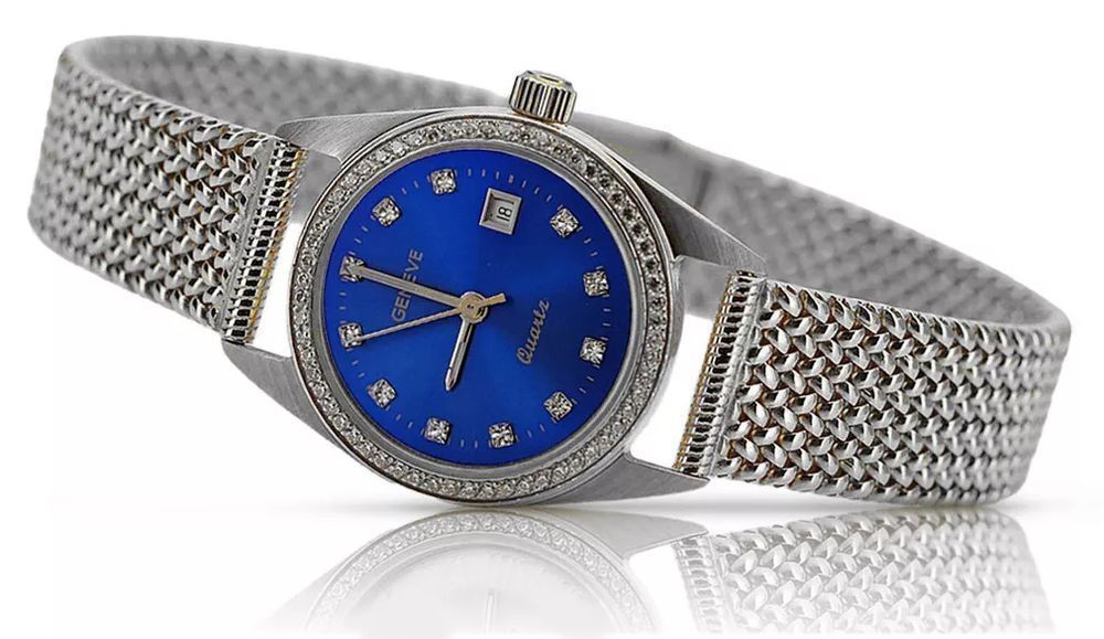 Zegarek damski z białego złota 14k 585 Geneve lw078wdblz&lbw003w-Niebi