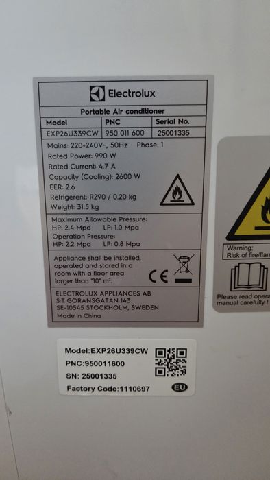 Klimatyzator przenośny electrolux EXP26U339CW