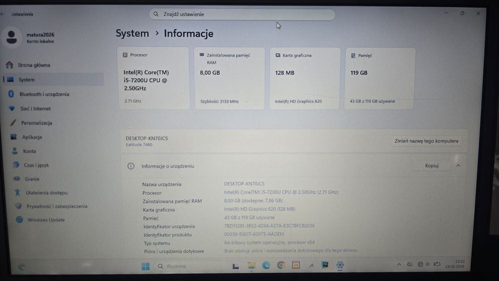 DELL latitude 7480 8GB ram, windows 11, zasilacz komplet