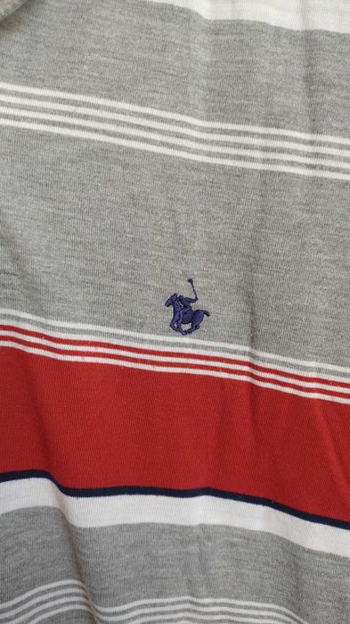Dobyline XL Szara bluzka polo z kołnierzykiem w czerwone i białe paski