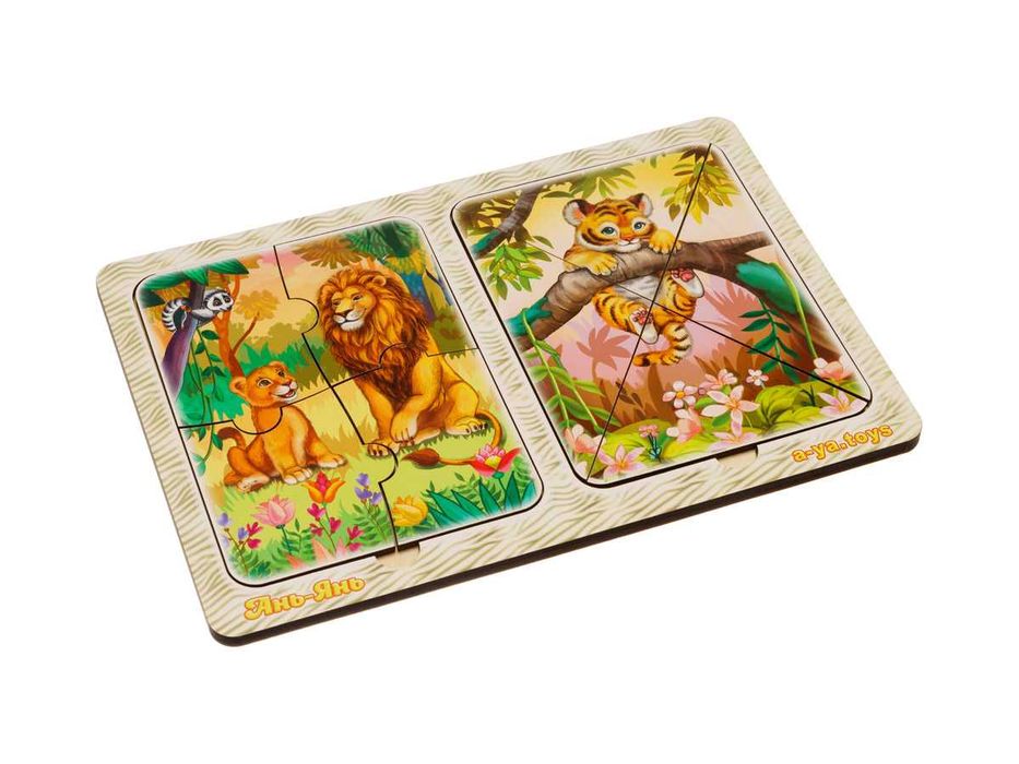 Drewniane puzzle w ramce «Lwy i tygrysiątka»