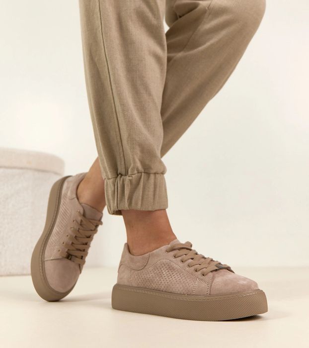 Beżowe Skórzane Sneakersy Na Platformie Filippo