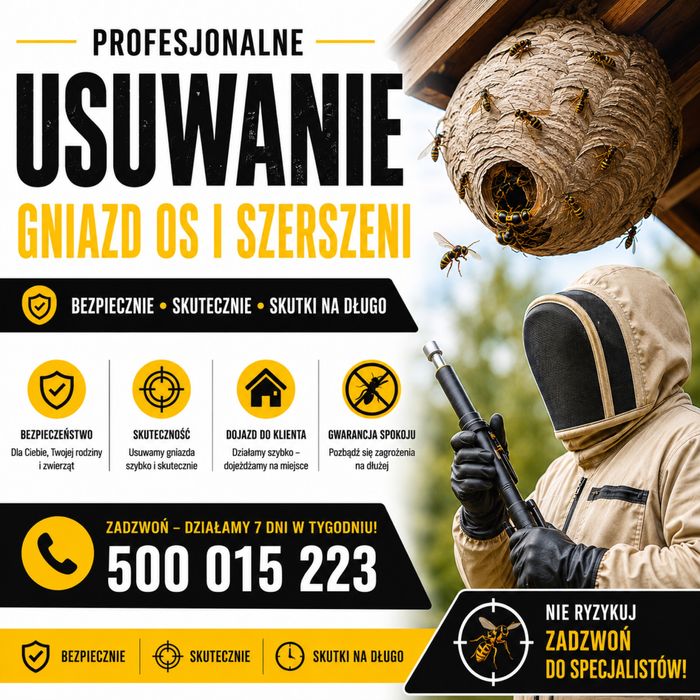 Usuwanie gniazd os i szerszeni. Ceny od 180 zł.