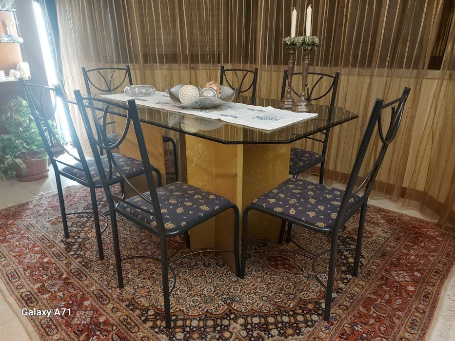 Glass table with beveled edges and marble legs64585235531777121