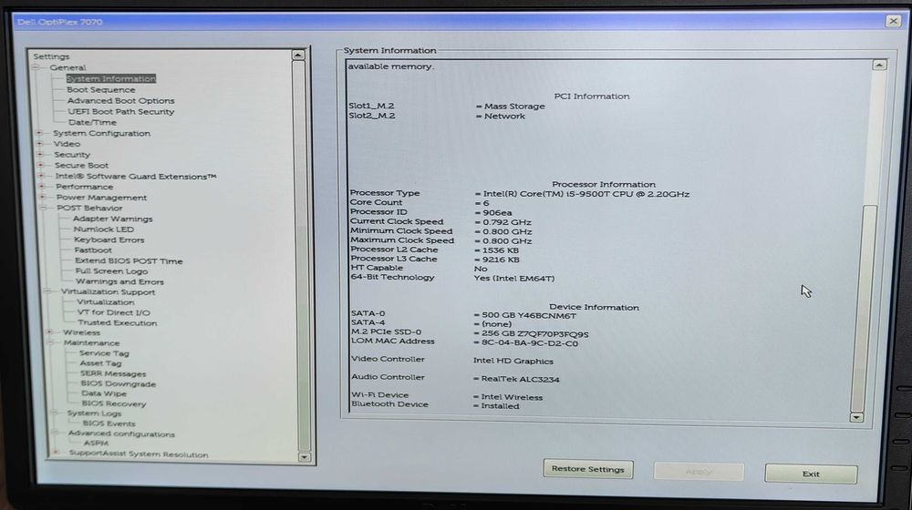 DELL Optiplex 7070 i5-9500, 16gb, 256ssd+ 1 tera, Win 11 Pro