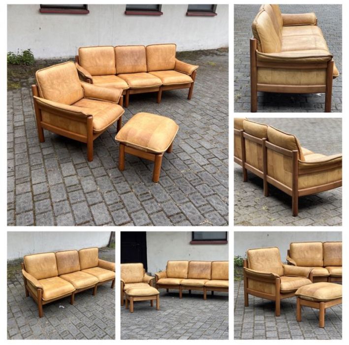 Mid century zestaw: sofa / fotel / podnóżek. Skóra bawola