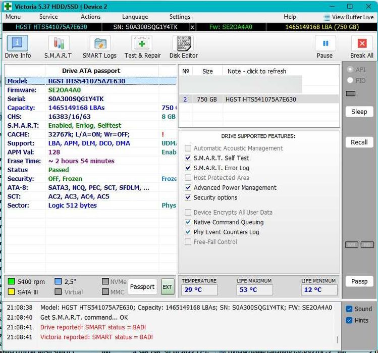 2.5 жесткий диск SATA в ноутбук HGST HTS541075A7E630 750Gb на 750 Гб
