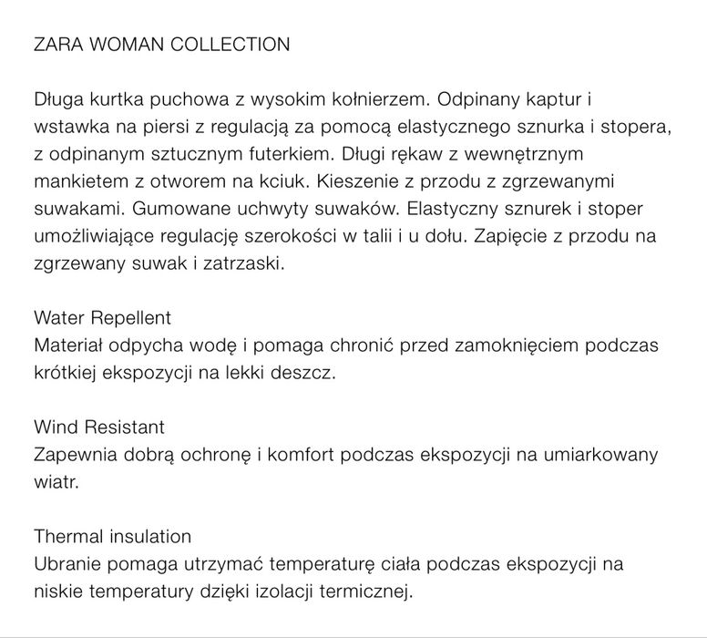 Kurtka techniczna puchowa zara 749 zl okazja!