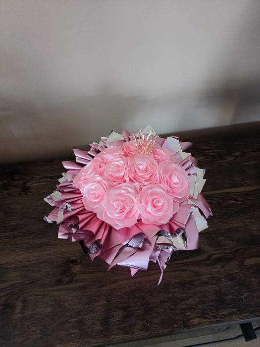 Flowerbox wieczny bukiet róż z wstążki handmade