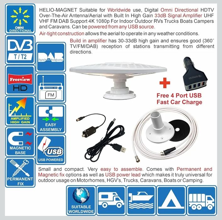 Helio Antena TV HD o wysokim zysku 33 dB TNT DVB-T2 FM Dab