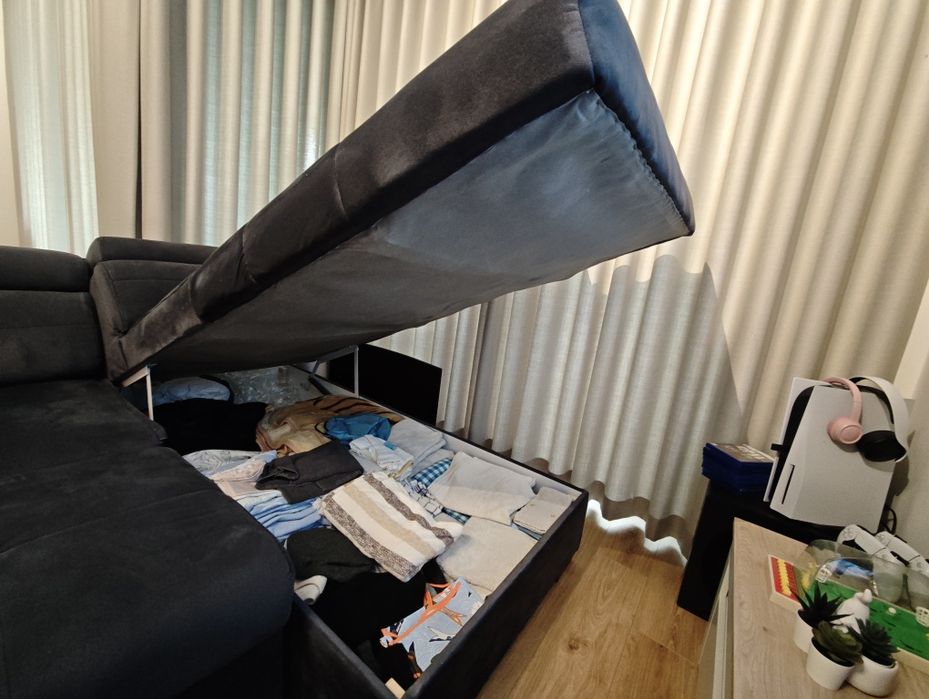 Sofá com chaise long, cama e arrumação – Cinzento Escuro