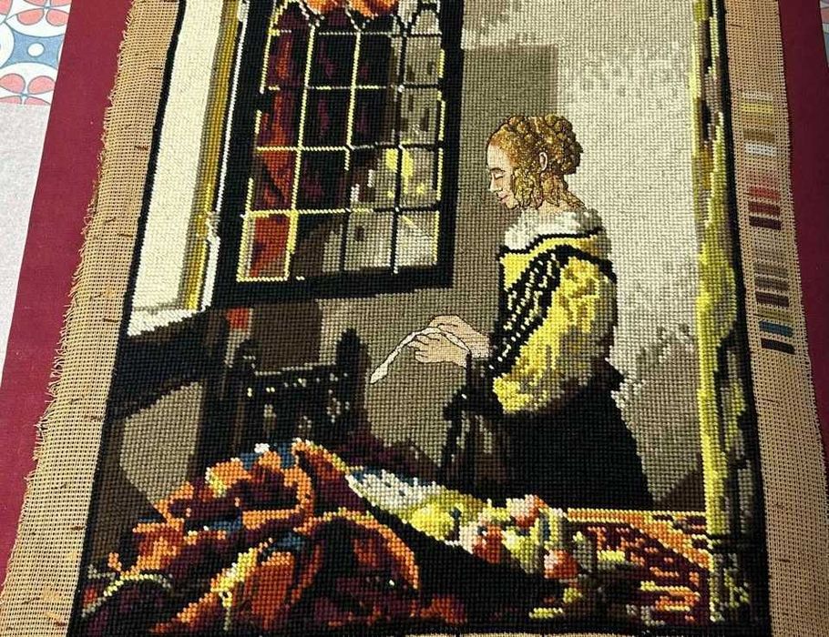 Tela bordada à mão. Reprodução da pintura de Johannes Vermeer