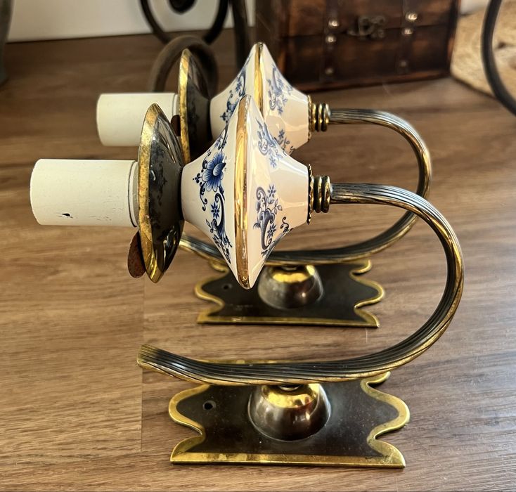 Par Apliques Porcelana Italiana e Latão, anos 40