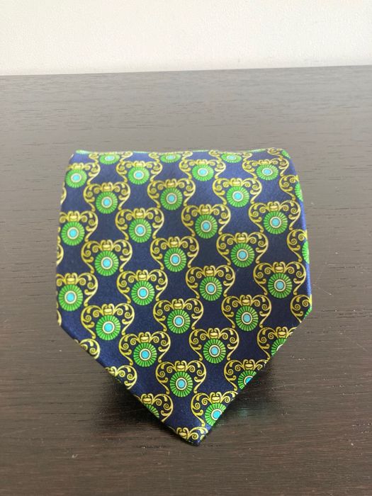 Granatowy krawat Paul R. Smith - zielone medaliony (100% jedwab)