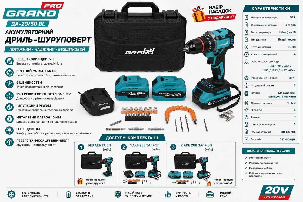 Акумуляторний дриль шуруповерт GRAND ДА-20/50 BL 20В 3Аг BL 50Нм безщіктовий двигун металевий патрон кейс + набір біт