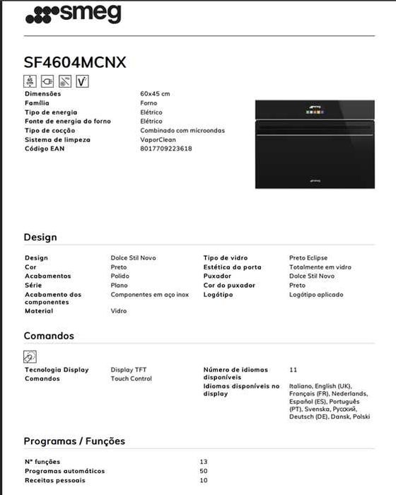 Forno combinado microondas SMEG SF4604MCNX novo