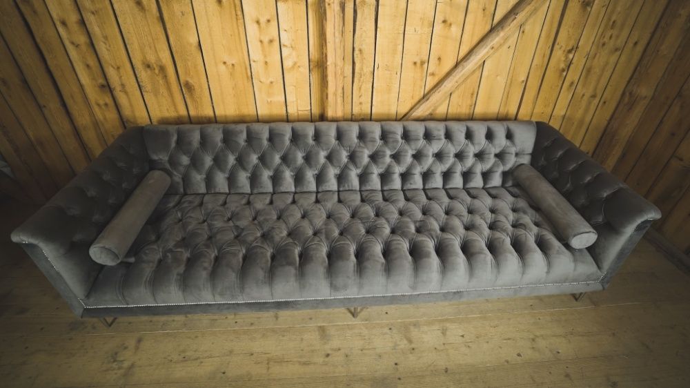 Duża Sofa Kanapa Na Wymiar Chesterfield Popiel Szara TV Pit Retro PRL