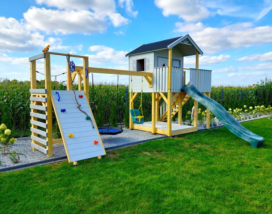 Domek z dużą piaskownicą zestaw dziecięca arkadia ze zjeżdżalnią