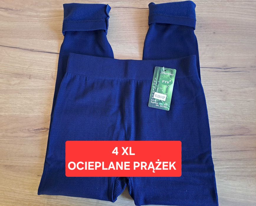 Nowe Leginsy damskie termiczne na jesień zimę spodnie ocieplane term 4XL 48 granat prążkowane bambus wysoki sta